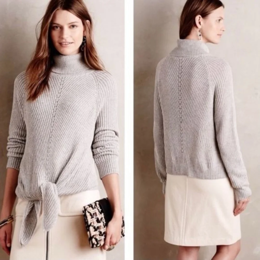 Anthropologie Moth Grey Ribbed Tie Front Cowl Neck Cashmere Blend Sweater Medium